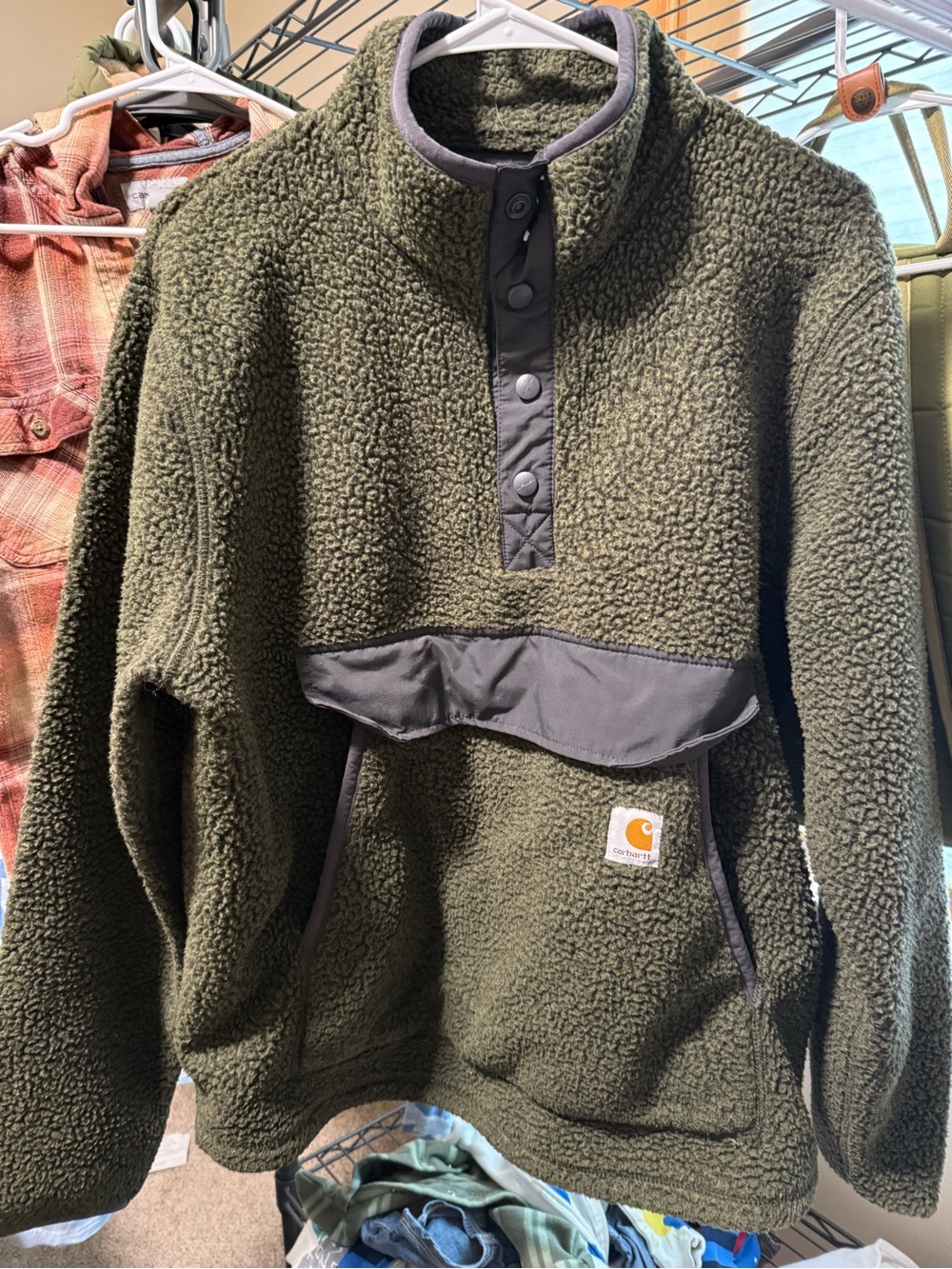 Carhartt Olive Green Sherpa Pullover with Dark Gray Trim
